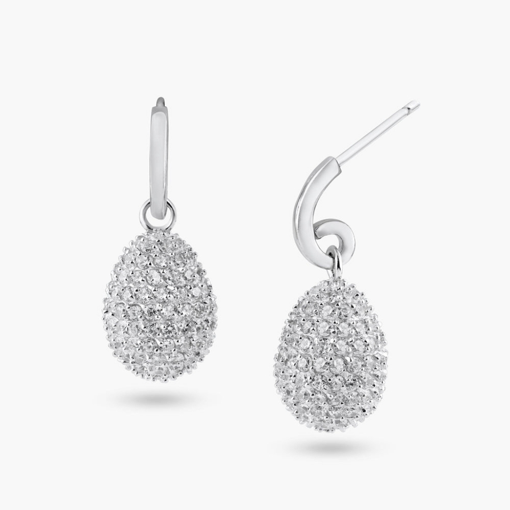 Sterling Silver 925 Rhodium Plated Oval Disco Ball Pear CZ Dangling Stud Earring - Picture 3 of 3